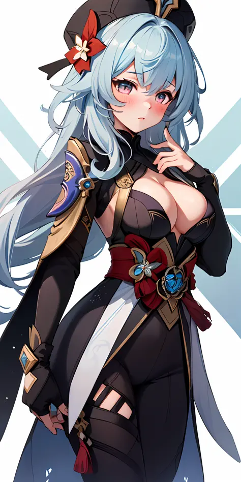 1girl, solo, focalors (genshin impact), focalors hat, , (from front view), (blushing:1.3), (pointed breasts:1.6), pov, masterpiece, highest quality, 8k, blue silver hair, sfwhand on chin, confident look, fontain (genshin impact) background