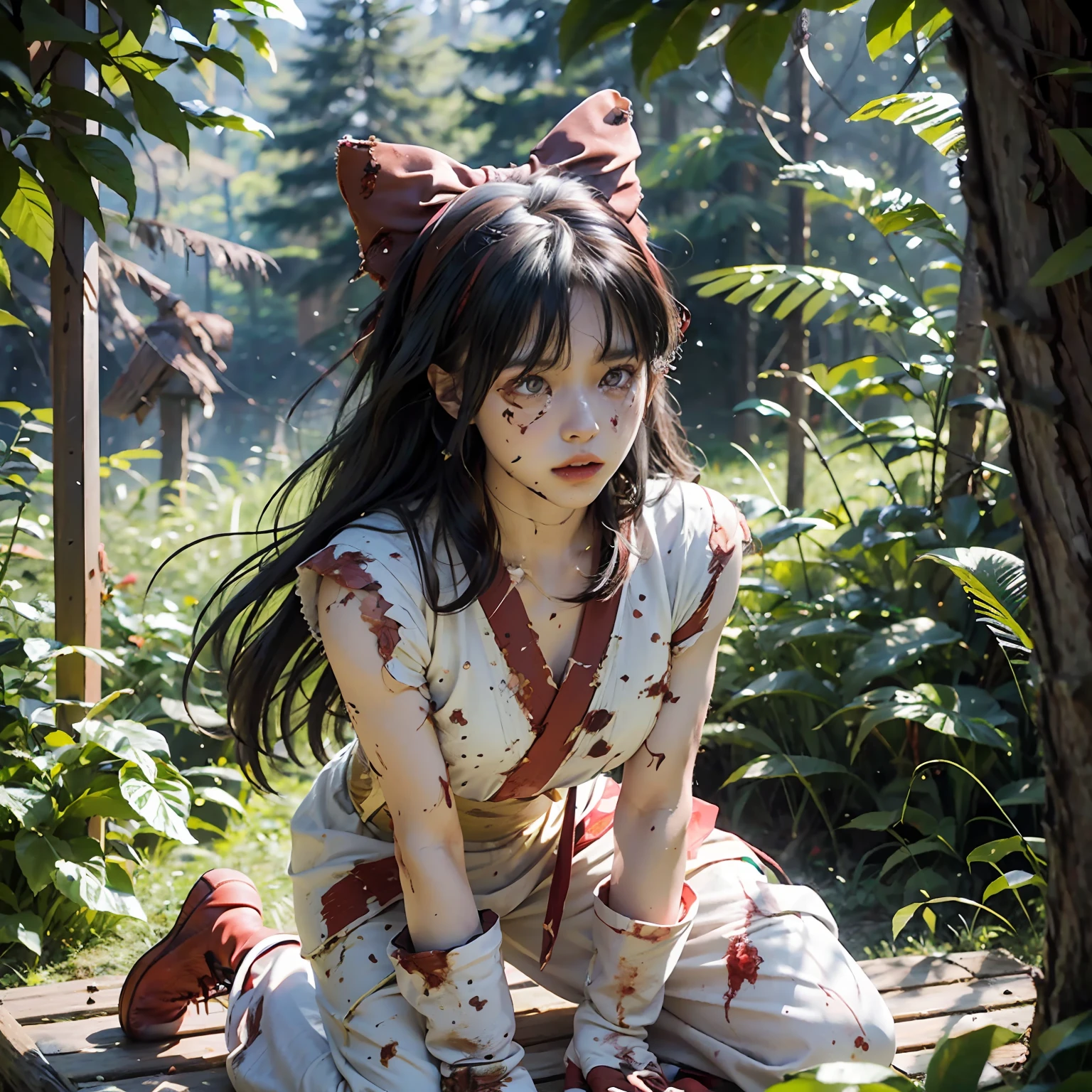 (Master Masterpiece), (Raw photography、highly best quality), UltraHighResolution, Professional artwork, ultra detaild, complicated, details face, Perfect lighting, (1 girl、solo:1.2)、Nakoruru、long haired, Red bow, Bow, Blue Eye, black  hair, missiles, ainu clothes, Hair Bow, hair band, reverse grip, fail, Underpants,  gloves, extra very long hair, looking at the viewers, pony tail, Underarms、naked leg, Sleeveless, Fingerless gloves, in a kimono, obi,A full body、(perfect hand:1.5)、(Perfect_Anatomy:1.2)、octane render、(Crying、weak and tired eyes、Tears:1.2),(Bruises and blood stains on the face and body、blood flowing from head and face、injuries on body、Damage、Wounds and cuts、bleeding lips:1.3),(Torn clothing、Tattered clothes:1.5)、(Kneeling weakly:1.2)、 (inside forest)、tousled hair、Tired and weak face、(Perfect Body、flawless、perfect thighs)、((Blood stains on clothes、bloody skin:1.3))、(Film lighting)、Soft lighting、Complex and cinematic appearance、Cinema tick writing、Dynamic Angles