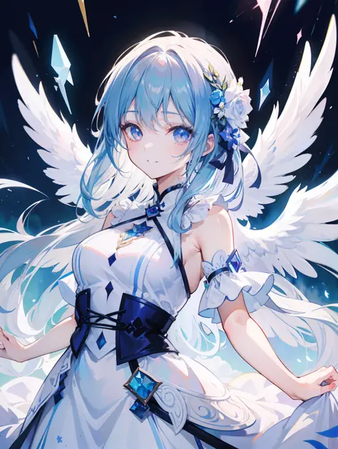 Anime Pictures。Watercolor smeared paint。Illustration that shines white。A woman with a big angel feather of about 18 years old on her back is smiling very, very happily。Wearing a beautiful embroidered dress。A prism glows in the background、Mystical illustrat...