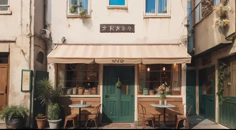 cat,flower, no_humans, window, chair, table, plant, scenery, door, potted_plant, stool, vase, flower_pot, cafe, cutebuild style