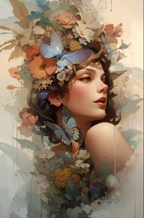 painting of a woman with flowers and butterflies in her hair, ryan hewett, Artgerm and James Jean, Beautiful digital artwork, Wa...