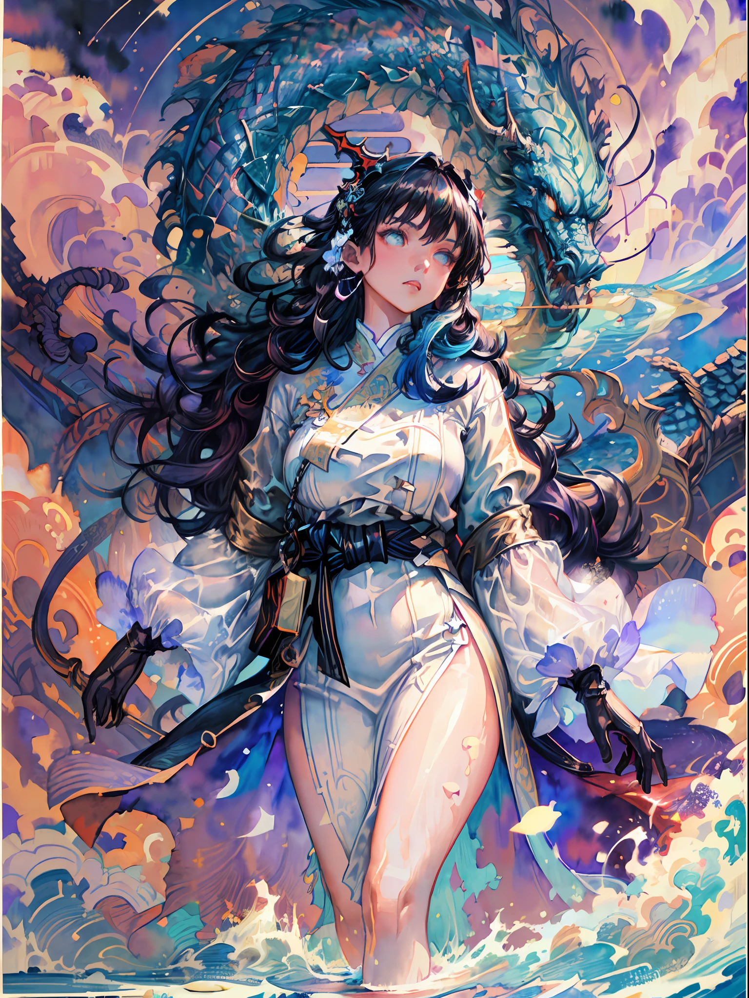 (masterpiece, top quality, best quality,1girl, long hair, (glowing:1.15), (team:1.1), (flowers:1.15), (monarch:1.05),Long coat,surrounded by huge Chinese dragons,dragon open mouse,1girl,solo,light_blue_hair,liquid hair, long hair,floating hair, standing,sundress, liquid clothes, water,waves, tsunami,tide,sea,water dress,fantasy, high contrast,explosions, over exposure, purple and red tone impression , abstract, ((watercolor painting by John Berkey and Jeremy Mann )) brush strokes, negative space,,