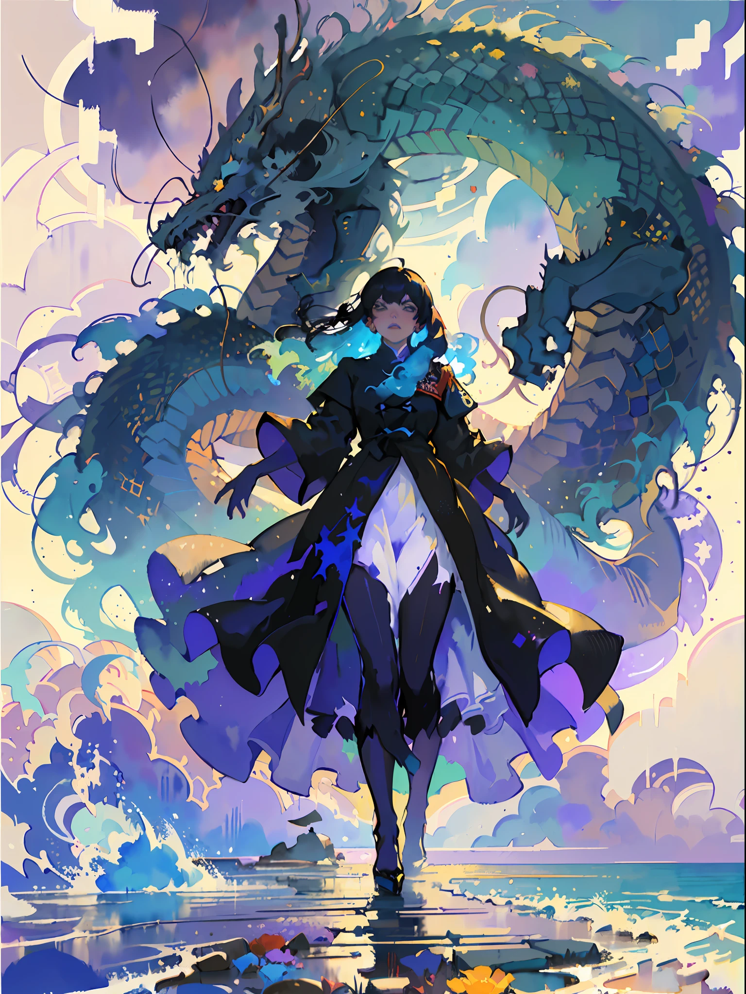 (masterpiece, top quality, best quality,1girl, long hair, (glowing:1.15), (team:1.1), (flowers:1.15), (monarch:1.05),Long coat,surrounded by huge Chinese dragons,dragon open mouse,1girl,solo,light_blue_hair,liquid hair, long hair,floating hair, standing,sundress, liquid clothes, water,waves, tsunami,tide,sea,water dress,fantasy, high contrast,explosions, over exposure, purple and red tone impression , abstract, ((watercolor painting by John Berkey and Jeremy Mann )) brush strokes, negative space,,