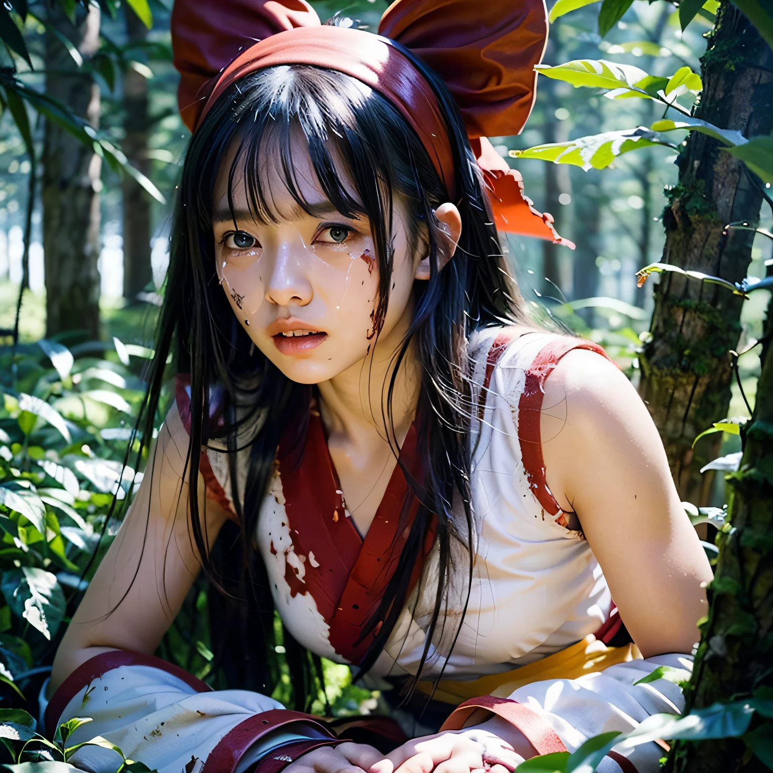 (Master masterpiece), (Raw photography、the best quality), ultra-high-resolution, Professional artwork, superdetailed, intricate, details face, Perfect Lighting, (1 Girl、solo:1.2)、Nakoruru、length hair, Red bow, bow, Blue Eye, black har, missiles, ainu clothes, Hair Bow, hair band, reverse grip, fail, Underpants,  gloves, extra very long hair, looking at the viewers, poneyTail, Whole human body、Underarms、Naked foot, cleavage of the breast、Sleeveless, Fingerless gloves, in a kimono, obi,(perfect hand:1.5)、(Perfect_Anatomy:1.2)、octane render、(Crying、weak and tired eyes、Tears:1.2),(Bruises and blood stains on the face and body、blood flowing from head and face、injuries on body、Damage、Wounds and cuts、bleeding lips:1.3),(Torn clothing、Tattered clothes:1.5)、(Kneeling weakly:1.2)、 (inside forest)、tousled hair、Tired and weak face、(Perfect Body、flawless、perfect thighs)、((Blood stains on clothes、bloody skin:1.3))、(Film lighting)、Soft lighting、Complex and cinematic appearance、Cinema tick writing、Dynamic angles