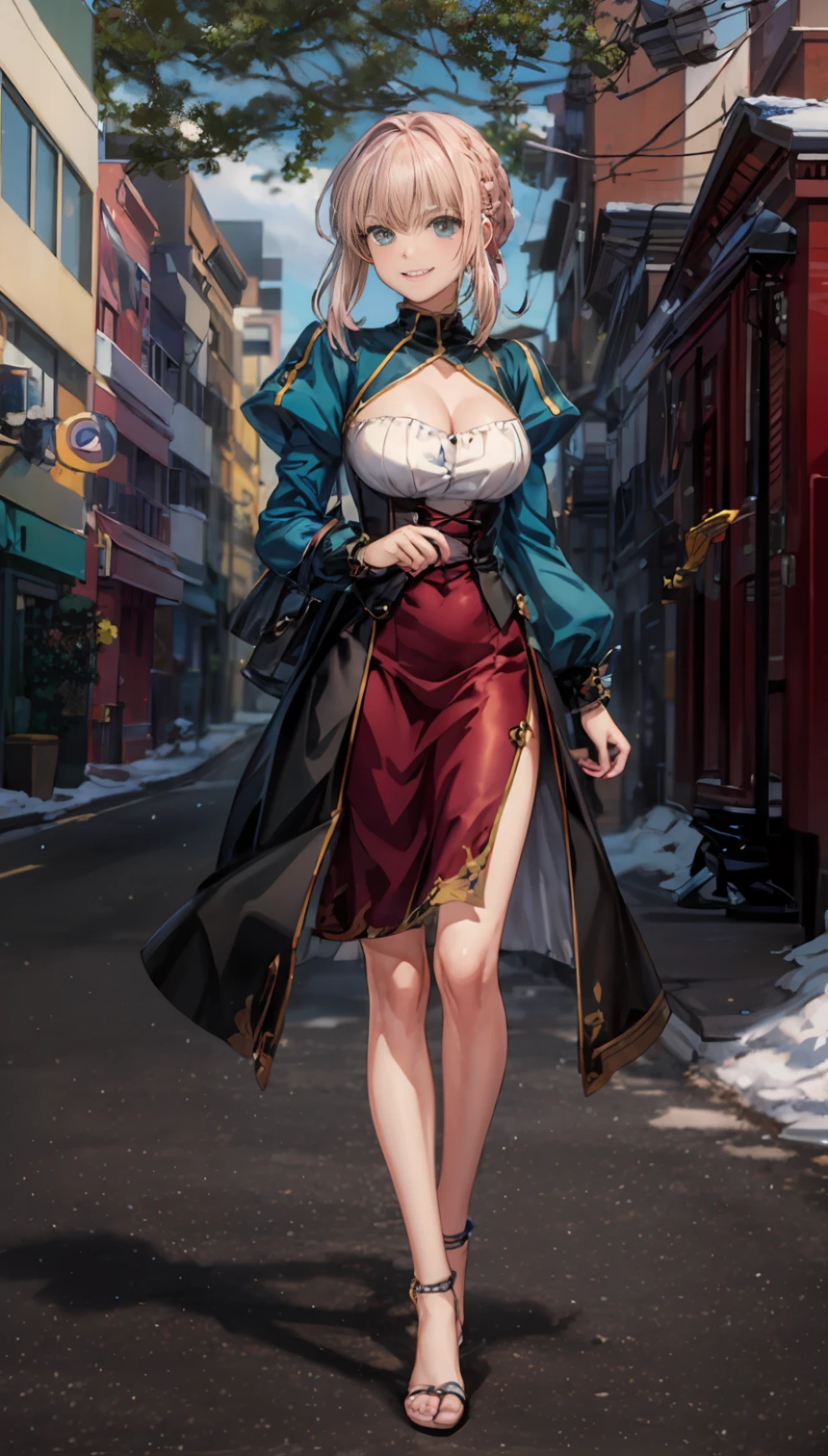 （masterpaintings：1.4）， （optimal quality：1.4）， realistness， 1girl huge large breasts， Artoria，Radpangon \（Fare Fateful Night\）， cleavage dress， Smile with，Anime characters。