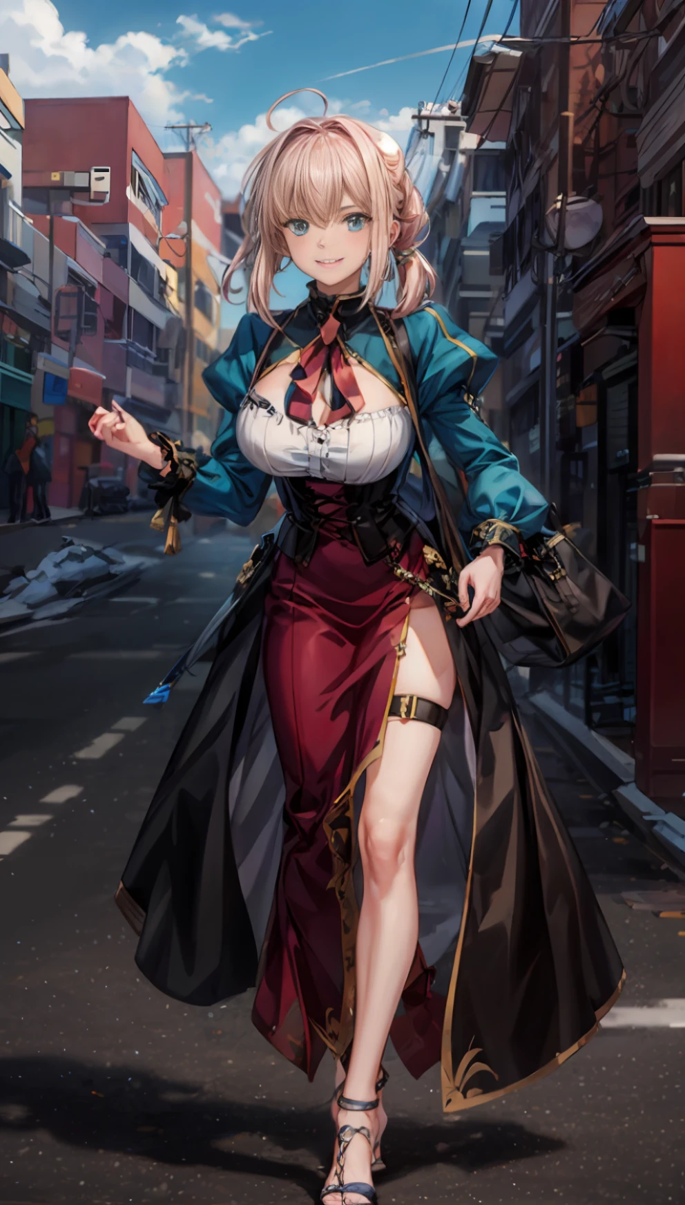 （masterpaintings：1.4）， （optimal quality：1.4）， realistness， 1girl huge large breasts， Artoria，Radpangon \（Fare Fateful Night\）， cleavage dress， Smile with，Anime characters。