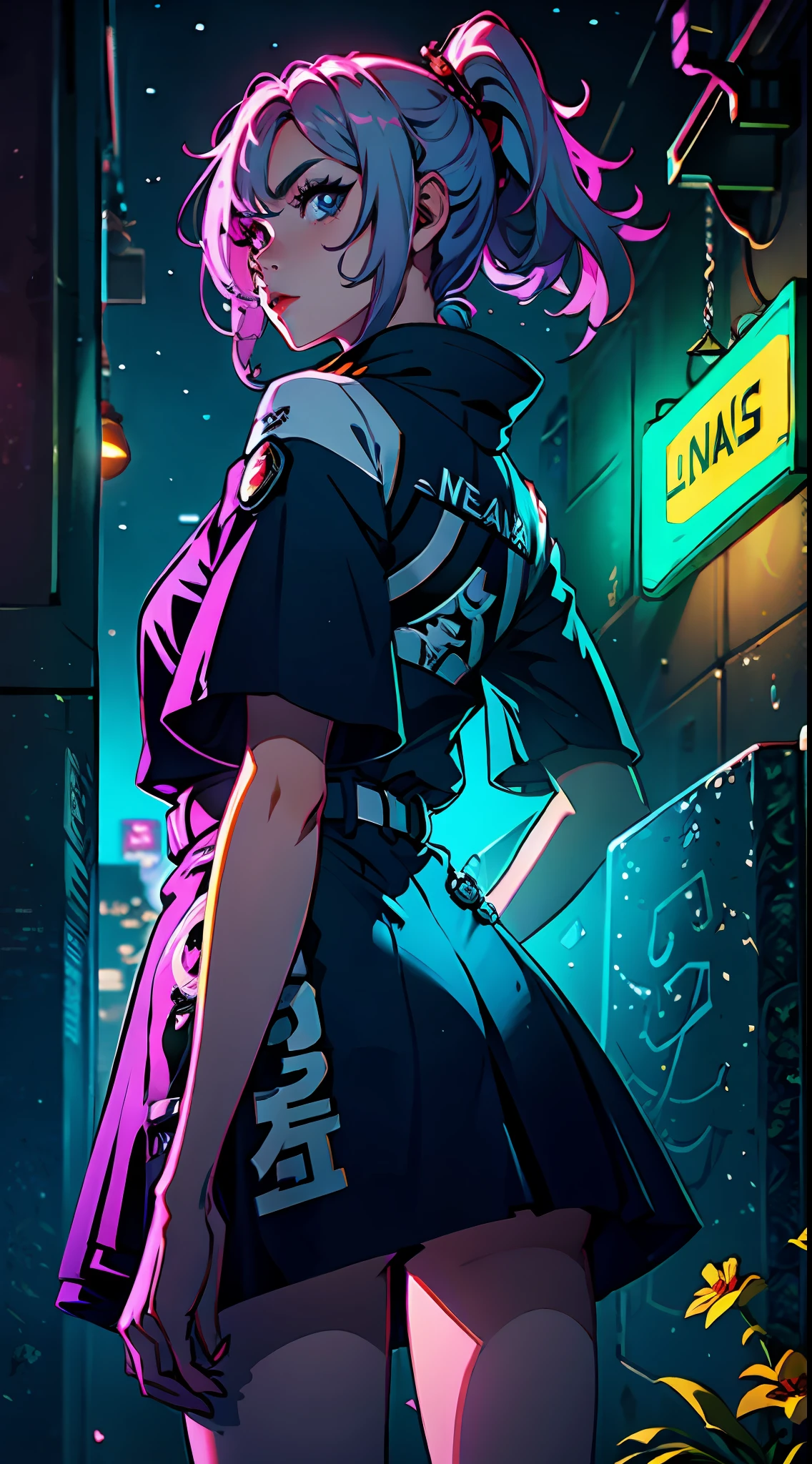 1cyber girl, solo, menina, close up, roupa futurista, samurai neon, samurai cyberpunk muito bonito, samurai cyberpunk, Ghost Blade Style, estilo cyberpunk, estilo cyberpunk neon, personagem de videogame, imagem synthwave, cyberpunk, arte conceitual brilho neon, lua, lanterna, noite, solo, ao ar livre, heaven, lua cheia, chuva, montanha, nuvem, lanterna de papel, night  sky, reflexo,, {{(obra-prima),(extremamente detalhado CG unidade 8k wallpaper), (peitos laterais), melhor qualidade, solo, cinematiclighting, fundo detalhado, belos olhos detalhados, pupilas brilhantes, (um extremamente delicado e bonito), (description of beautiful and detailed eyes), ultra-detalhado, obra-prima, }}, olhos detalhados, olhos bonitos, olhos realistas, olhos bonitos, olhos perfeitos, Rear view, (anamorphic rays, ramen shop), brilho, profundidade de campo