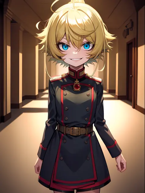 tanya degurechaff, miitar uniform, evil smile, short stature, killer eyes, psychotic eyes