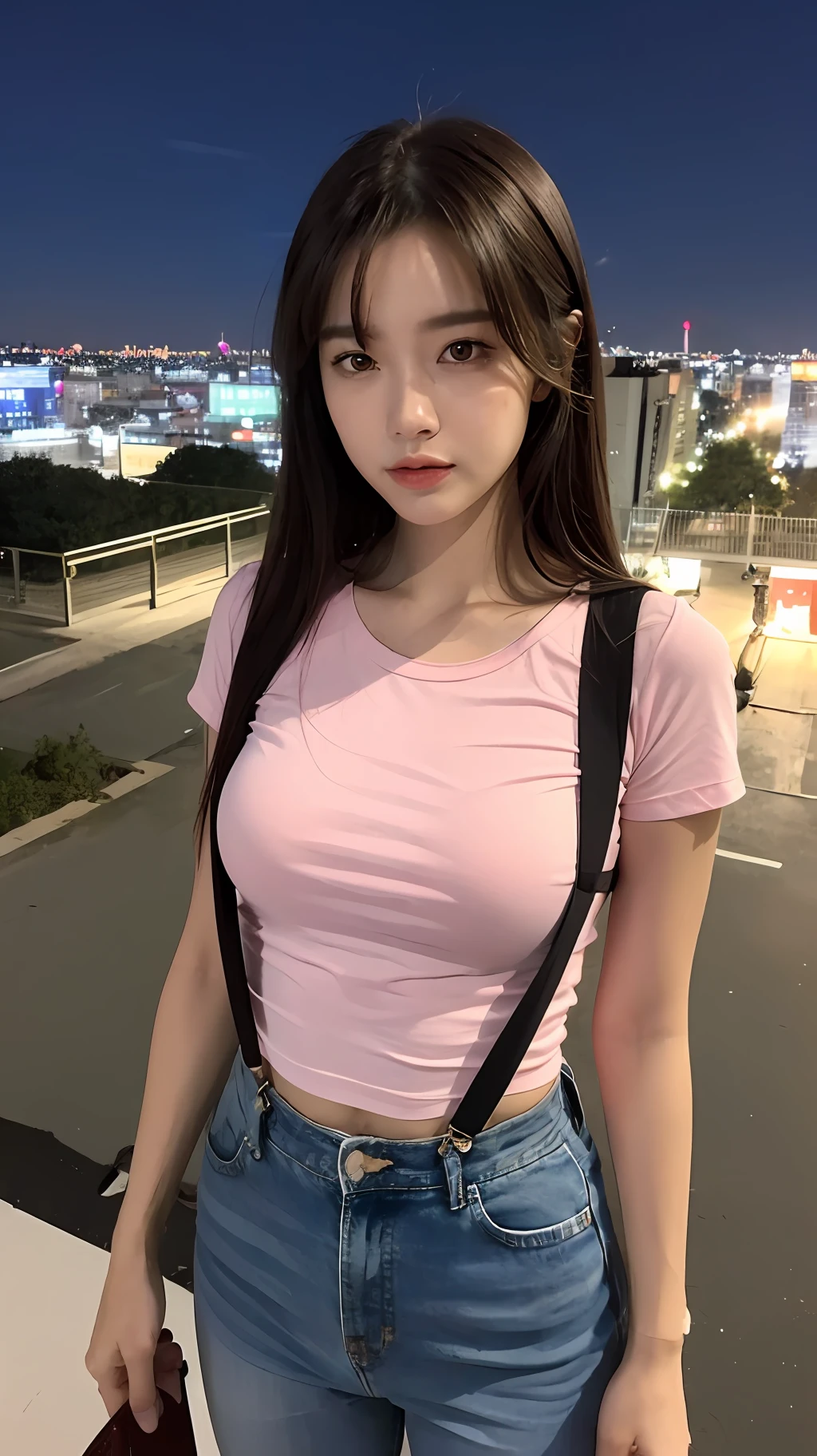 A woman in a pink shirt and jeans posing for a picture - SeaArt AI