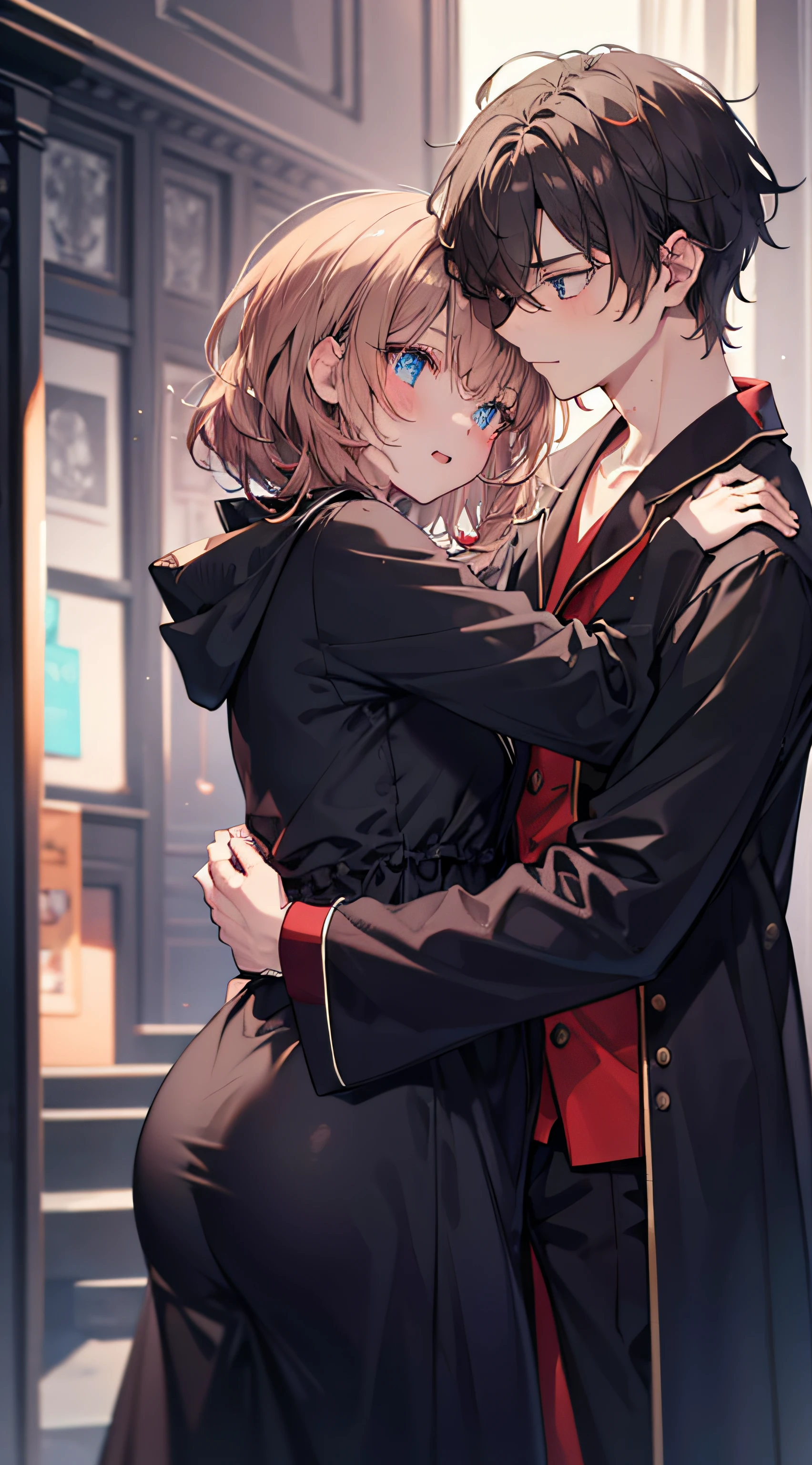 couple，1 man，sharp looking blue eyes，Sharp pupils，Brown pointed hair，He wears a black robe and pajamas，pajama，Intimate hug with red-eyed wife（（18 year old face））