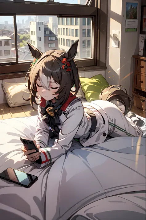 masterpiece, best quality, fine motion \(umamusume\), horse ears, horse tail, sleepy, house clothes, night, bedroom, lying in be...