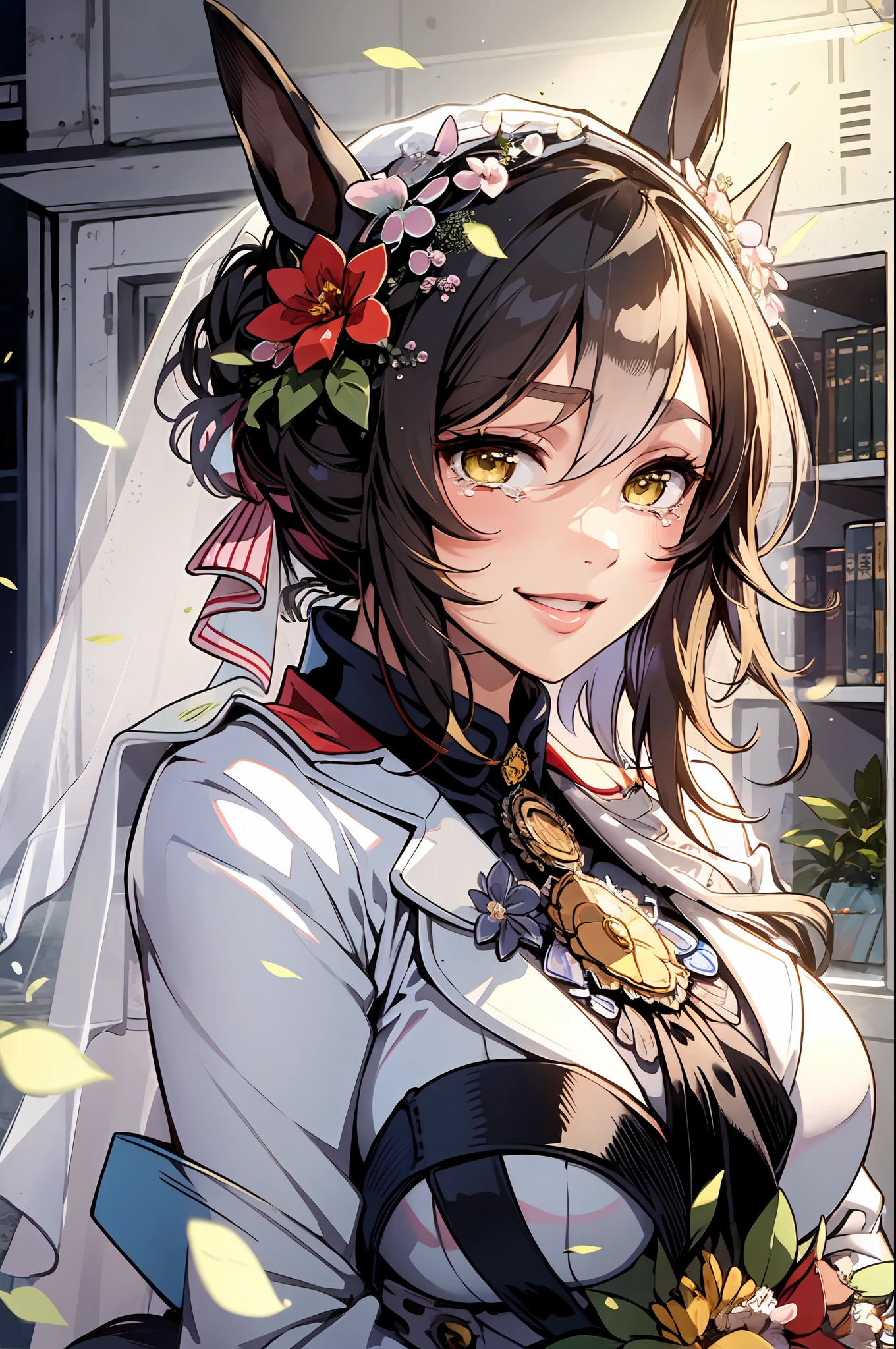 masterpiece, best quality, fine motion \(umamusume\), horse ears, horse tail, lips, lipstick, seductive smile, wedding dress,veil,wedding hall,holding wedding flower,happy,crying with joy,upper body,