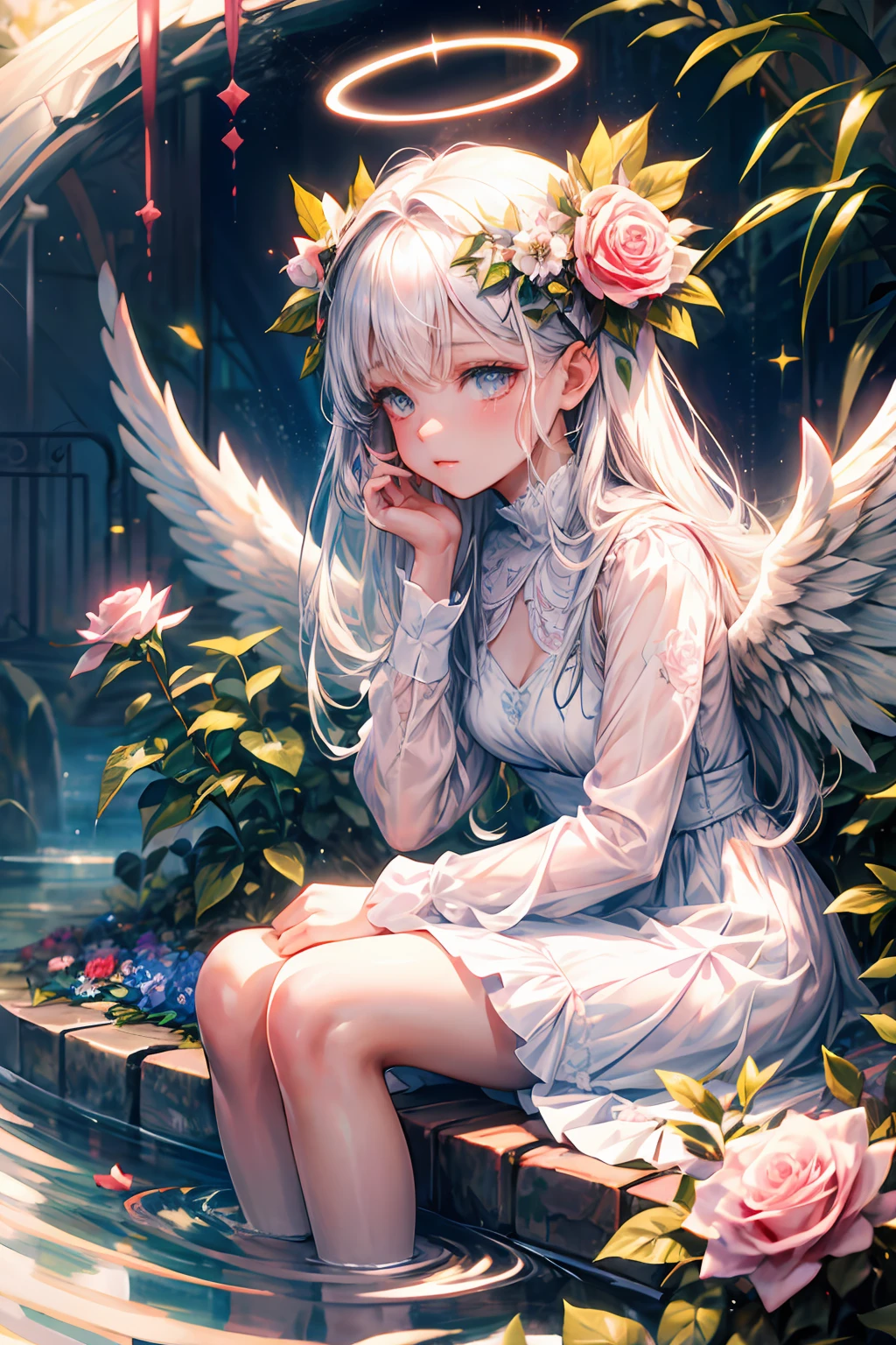 1girl, flower, solo,halo, long hair, wings, white hair, pink flower, sitting, white flower, angel, water, rose, long sleeves, red flower, dress, head rest, angel wings, feathered wings, closed mouth, pink rose, blue flower, bangs, white dress, plant