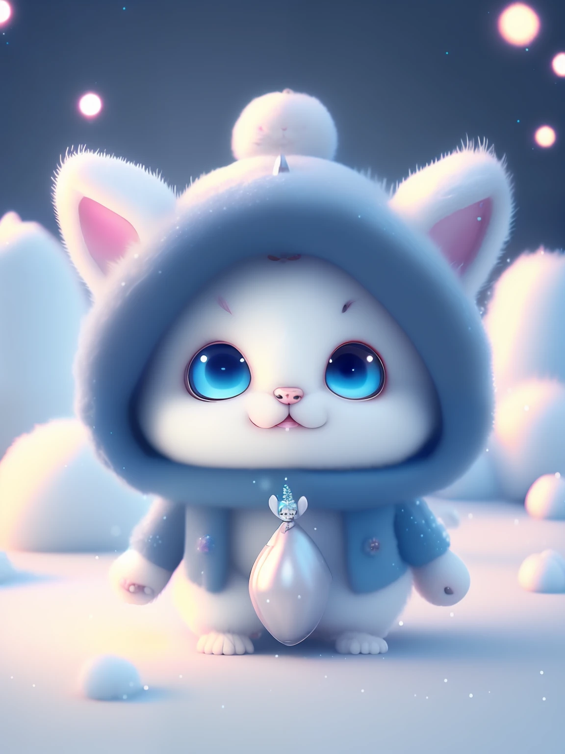 a cute little cat+Snow-white furry，Big bright eyes，A sweet smile，A sweet smile，Open-mouthed！！！，Dress up as a fashion model，Stylish suit with blue crystal texture，Hats and handbags，Snow white fluffy，Big bright eyes，Big bright eyes，to stand，Fluffy tail，Winter rises，The snow flutters gently，Extremely detailed 3D animation renders symmetrical center position， Super realistic， super detaill， posh， 3， cinematiclight， ultra clear details， Ultra-transparent material， Close up of， complex texture， octane rend， zbrush， 8K， Ultra-realistic UREAL