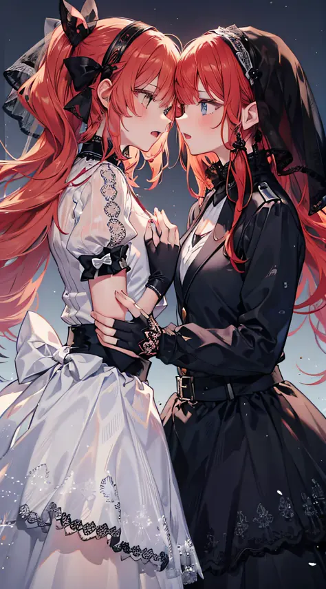 multiple persons，2 girls，couple，Fingerless gloves，embrace
 Red hair，Black veil，longskirt，High ponytail，Coiled hair