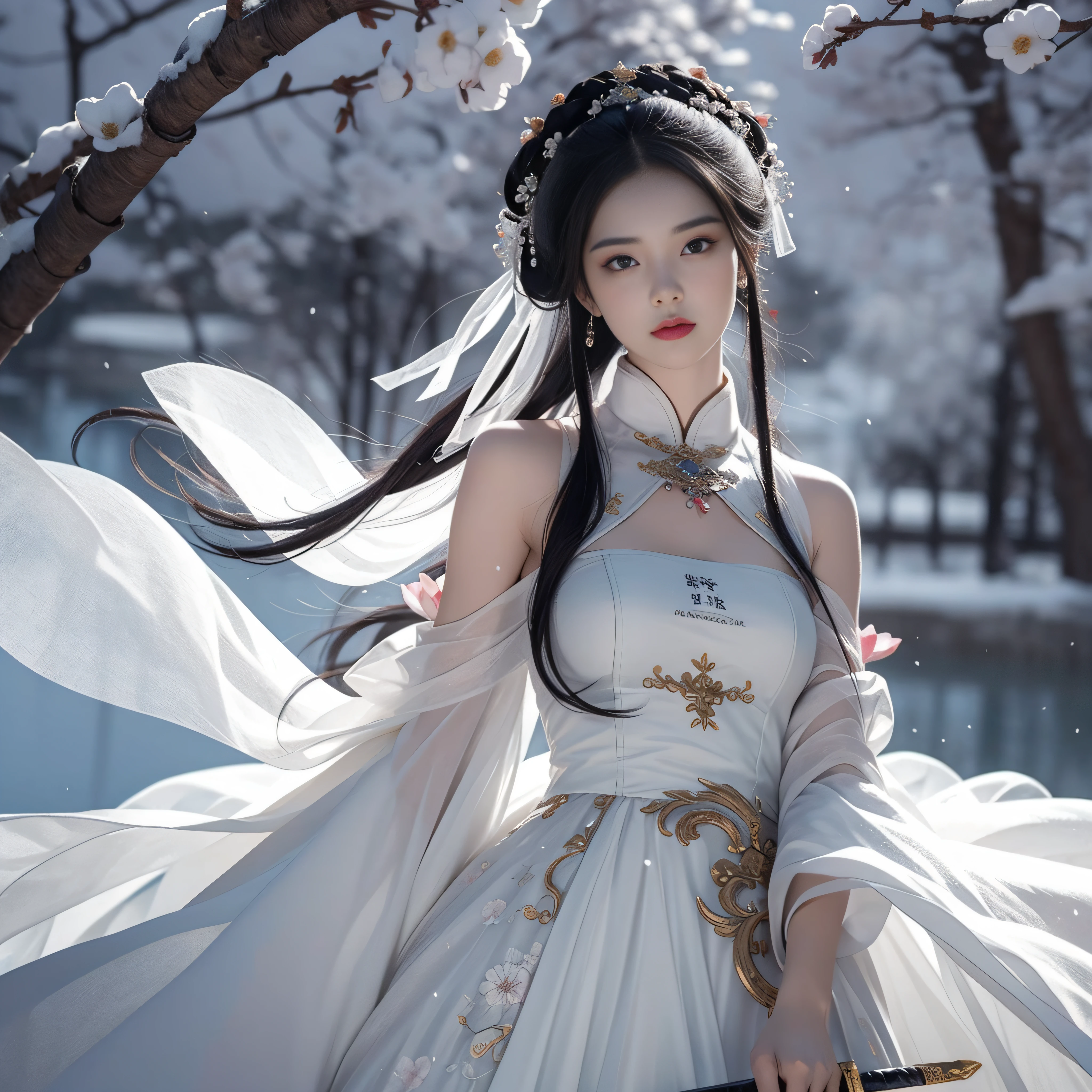 Gyeongbokgung，atlantean，Beautie，Yue Wang Gou Jian sword，martial，Aerocoagulation，Blow flowers，flying snow，Best quality, Master, high resolucion, Wuxia 1girl,Delicate sheer gauze garment，Delicate sheer gauze dress, Super beautiful face, super beautiful eye, Super beautiful hair Super beautiful face，Super beautiful eyes，Super beautiful hair，Cloud sideburns，