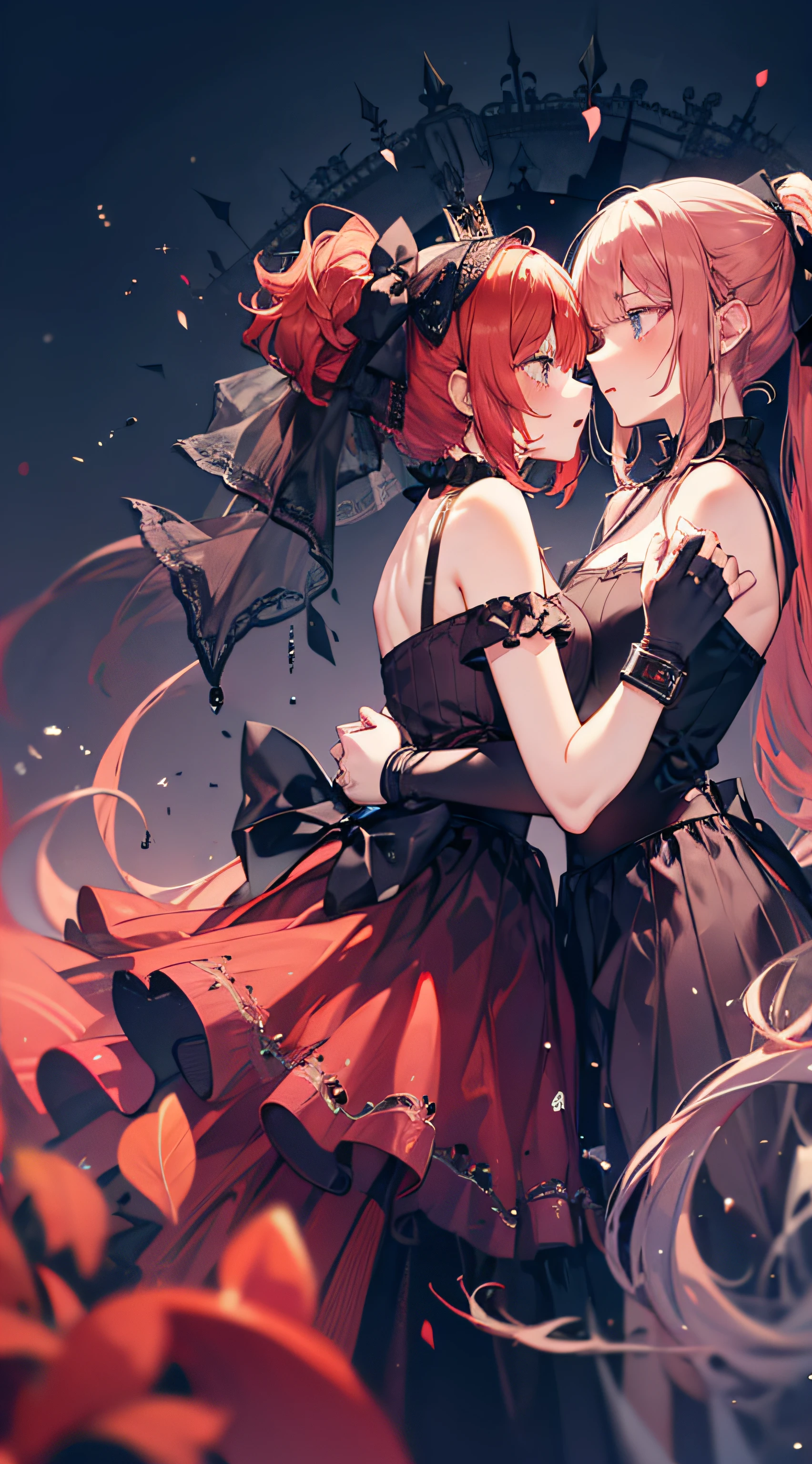 multiple persons，2 girls，couple，Fingerless gloves，embrace
 Red hair，Black veil，longskirt，High ponytail，Coiled hair