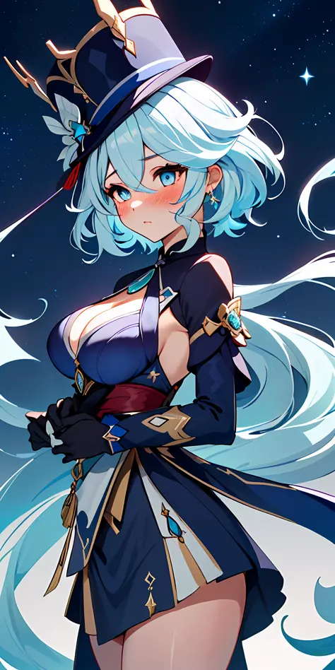 1girl, solo, focalors (genshin impact), focalors hat, , (from front view), (blushing:1.3), (peaked breasts:1.6), pov, masterpiece, highest quality, 8k, blue silver hair, sfw,hand on chin, confident look, fontain (genshin impact) night sky stars background,...
