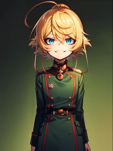 Tanya Degurechaff, Military Uniform, evil smile, short stature, Killer eyes, psycho eyes, battlefield