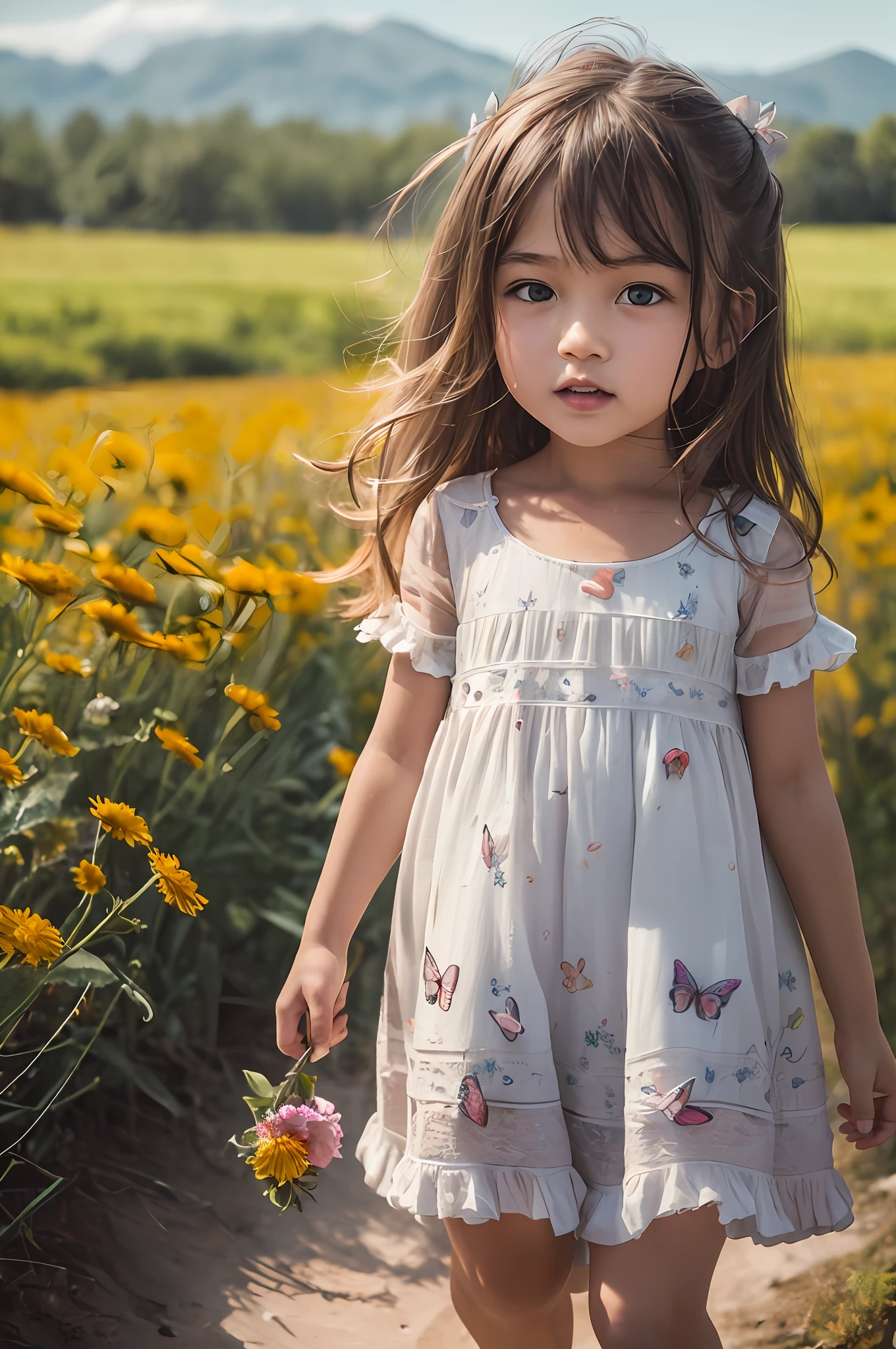 High Detail, Ultra Detail, 8K, Ultra High Resolution A cute and innocent girl, , toddler, enjoying her time in the open field, surrounded by the beauty of nature, warm sun sprinkling on her, wildflowers gently swaying in the breeze. Butterflies and birds flutter around her, adding to the playful atmosphere,