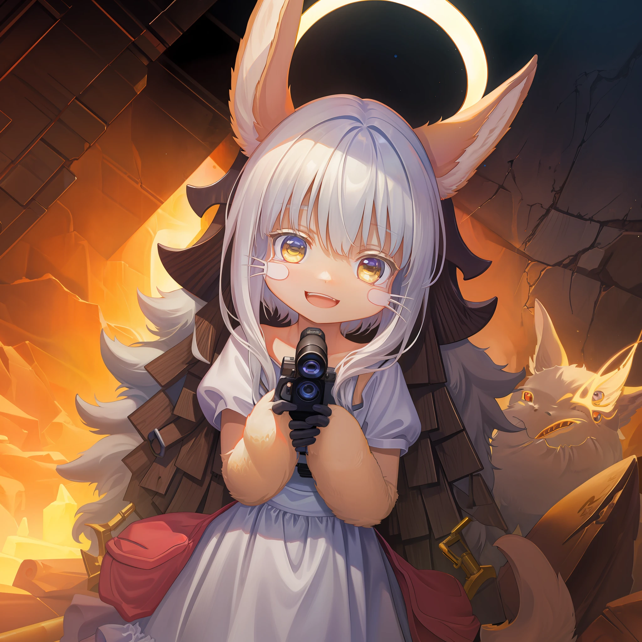 ((Masterpiece, Best Quality, game cg)), alley, Indoors, industrial pipe, air conditioner, dark lighting, facial focus, Portrait, avatar, Fluffy, :d, Cute, a 1girl, solo, Furry, (nanachi \(made in abyss\):1.3), looking to viewer, Smile, forest background, tactical clothes, moon light, blue glow, Halation, CANNON, RMB, machine gun, Holding a Machine Gun in Your Hands, aiming at viewer
