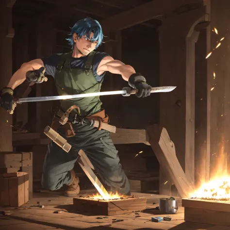 A blacksmith making a knife on an anvil,hittng hammer, (anvil:1.2), blacksmith, sparks, caustics, vibrant colors