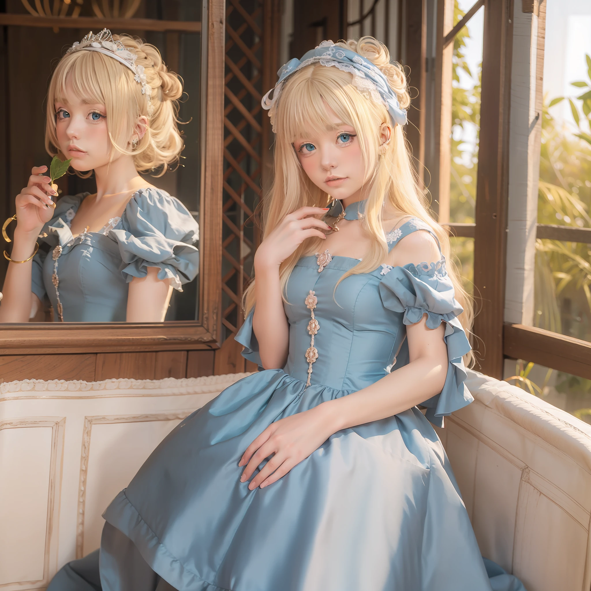 princess, yellow hair, 18 years old, beautiful, innocent, blue eyes, rococo style dress