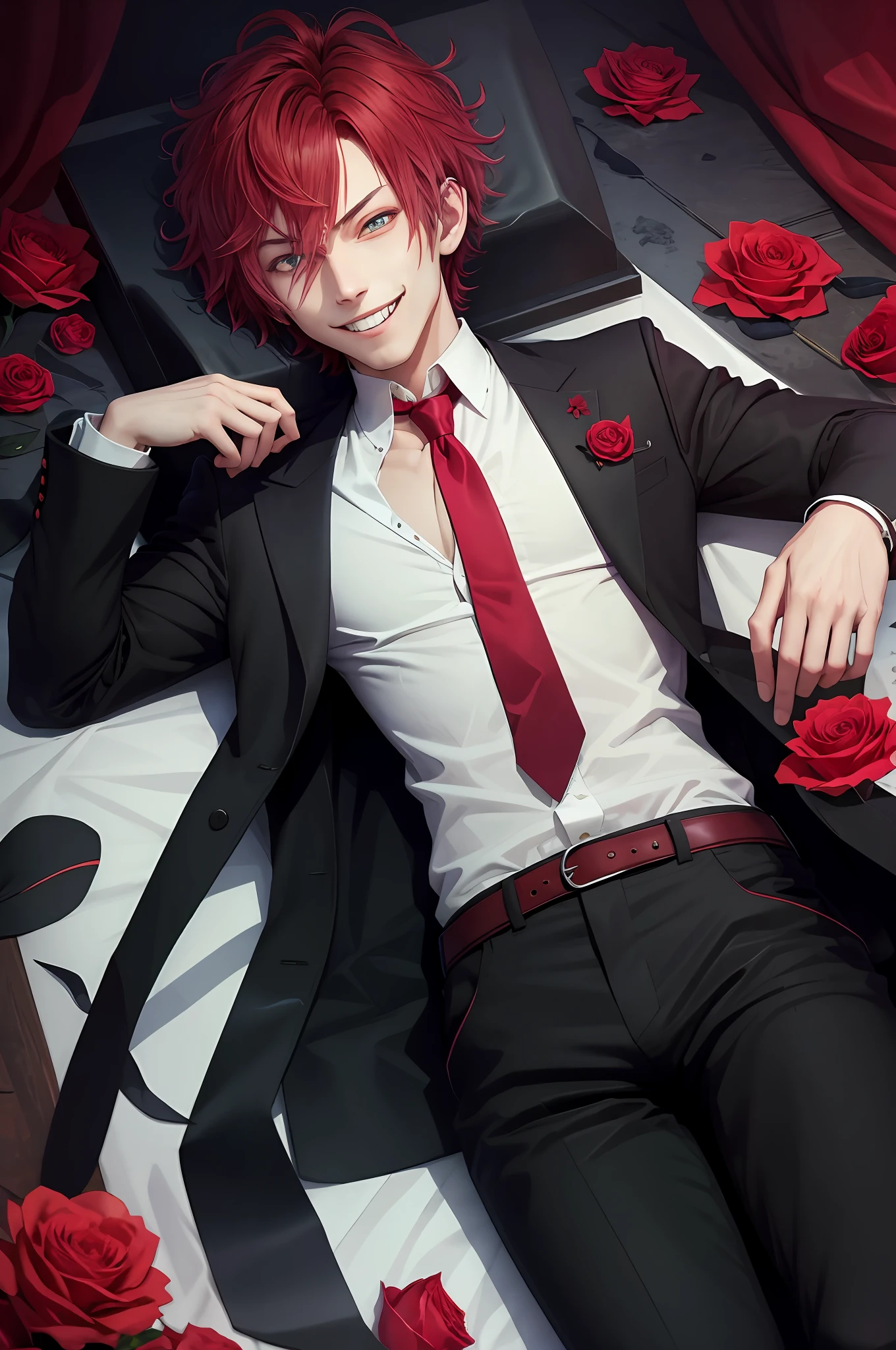 Anime - imagen de estilo de un hombre con traje y corbata acostado en una  cama con rosas rojas - SeaArt AI