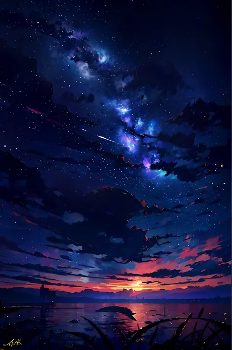 Starry night sky，seas，ocean swells，whale，The background is the endless universe，The sky of the universe。Starry Sky 8 K，calm evening，Anime background art， 4k anime wallpapers， starry light， moonlit starry sky environment