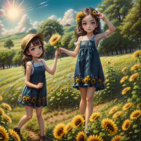 two little girls in blue dresses holding a yellow flower in a field, scene : sunflowers field, scene: sunflowers field, bright a...