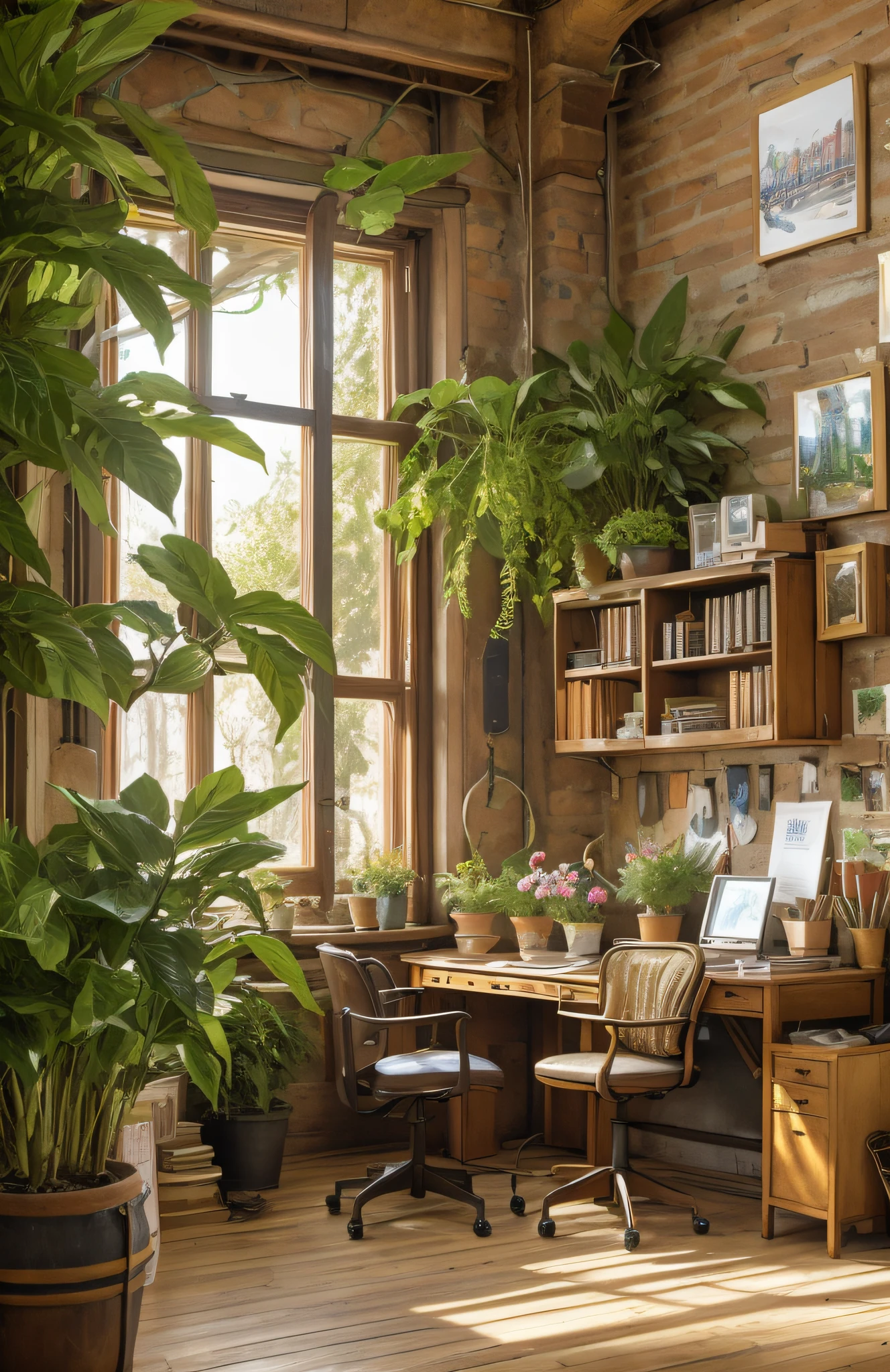 Architectural Digest Foto eines maximalistischen Grüns {Dampfwelle/steampunk/solarpunk} ((Heimbüro)) mit Blumen und Pflanzen, goldenes Licht, hyperrealistischer Surrealismus, preisgekröntes Meisterwerk mit unglaublichen Details, episch atemberaubend, viele Bücher