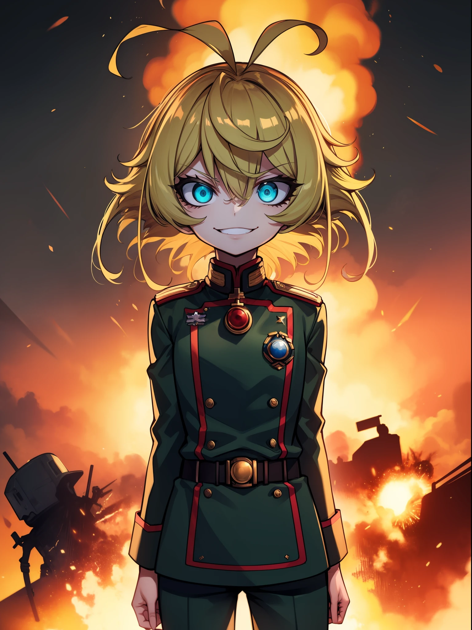 Tanya Degurechaff, Military Uniform, evil smile, short stature, Killer eyes, psycho eyes, battlefield, explosions