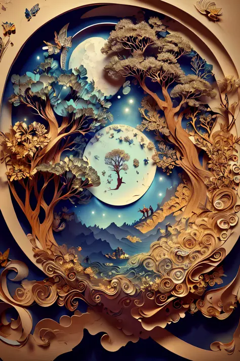 ((((masterpiece))), best quality, illustrations, beautiful details glow,
paper_cut, girl face details clear to the camera, tree, moon, butterfly,