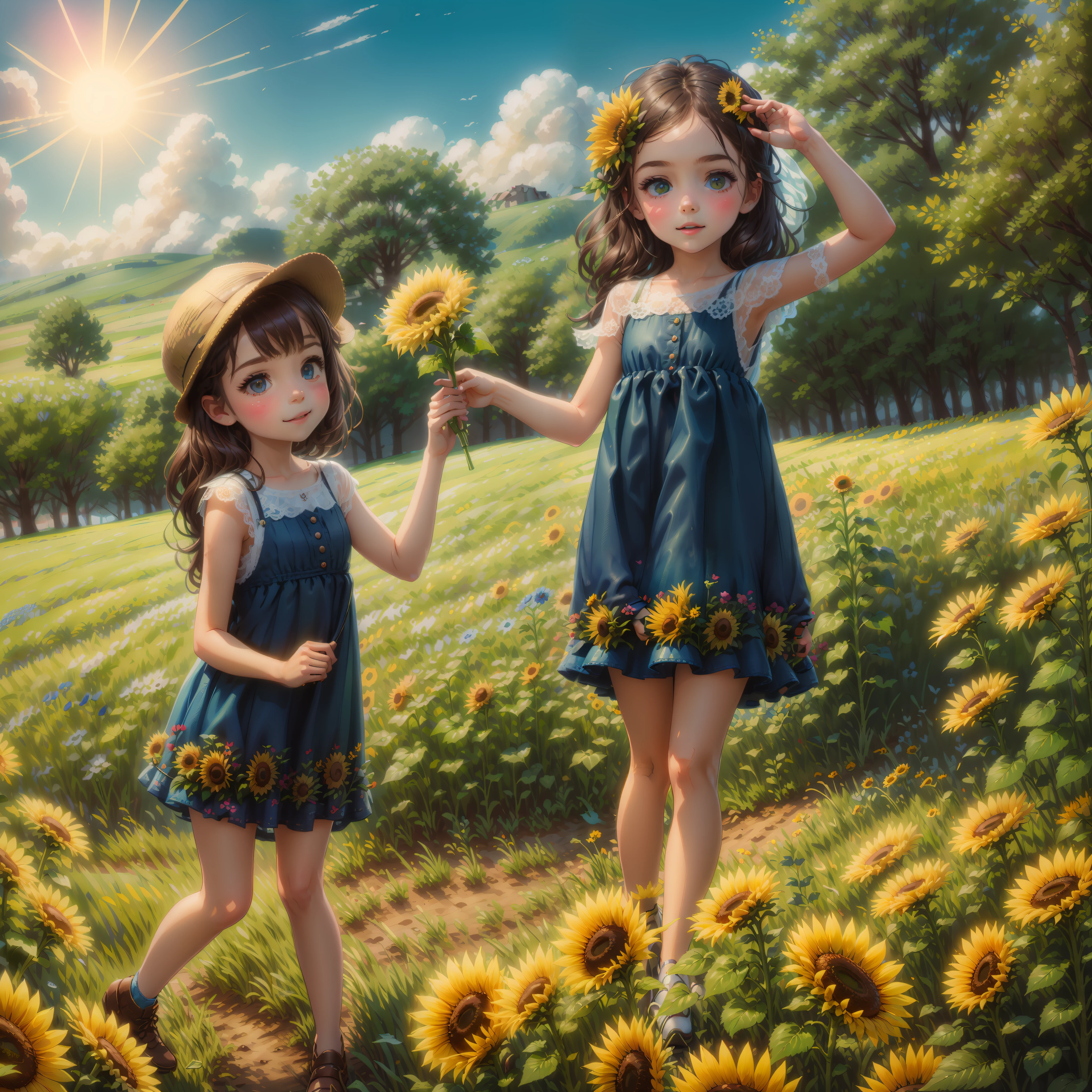 two little girls in blue dresses holding a yellow flower in a field, scene : sunflowers field, scene: sunflowers field, bright and sunny day, On a sunny day, Sunny day, on a bright day, Full body:: Sunny weather::, Children, Photo taken with Nikon D750, Photo shot with Nikon D 7 5 0 face realism