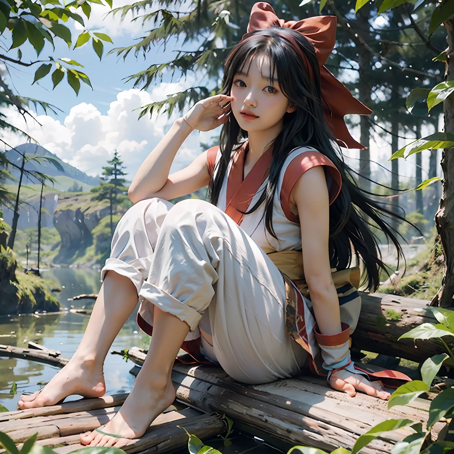 Masterpiece, best quality,1girl in, Sitting on a log、Lake under the log、Red bow, bow, length hair, Hair Bow, ainu clothes, solo, Hair Band, a bird, black har, Fingerless gloves, Half-sleeved, gloves, sash, Underpants, bangss, red hairband, missiles, , Brown-eyed, White pants, (Foot Focus、Naked foot、tiptoes、Sole of one's feet:1.2)、common, Nakoruru, lightl smile, Official art, from frontal、from from below、(dynamic angle)、nature backdrop, Serve、Onmyoji style、Hi-Def、Dramatic lighting and shadows、Solar flares、Blurred foreground