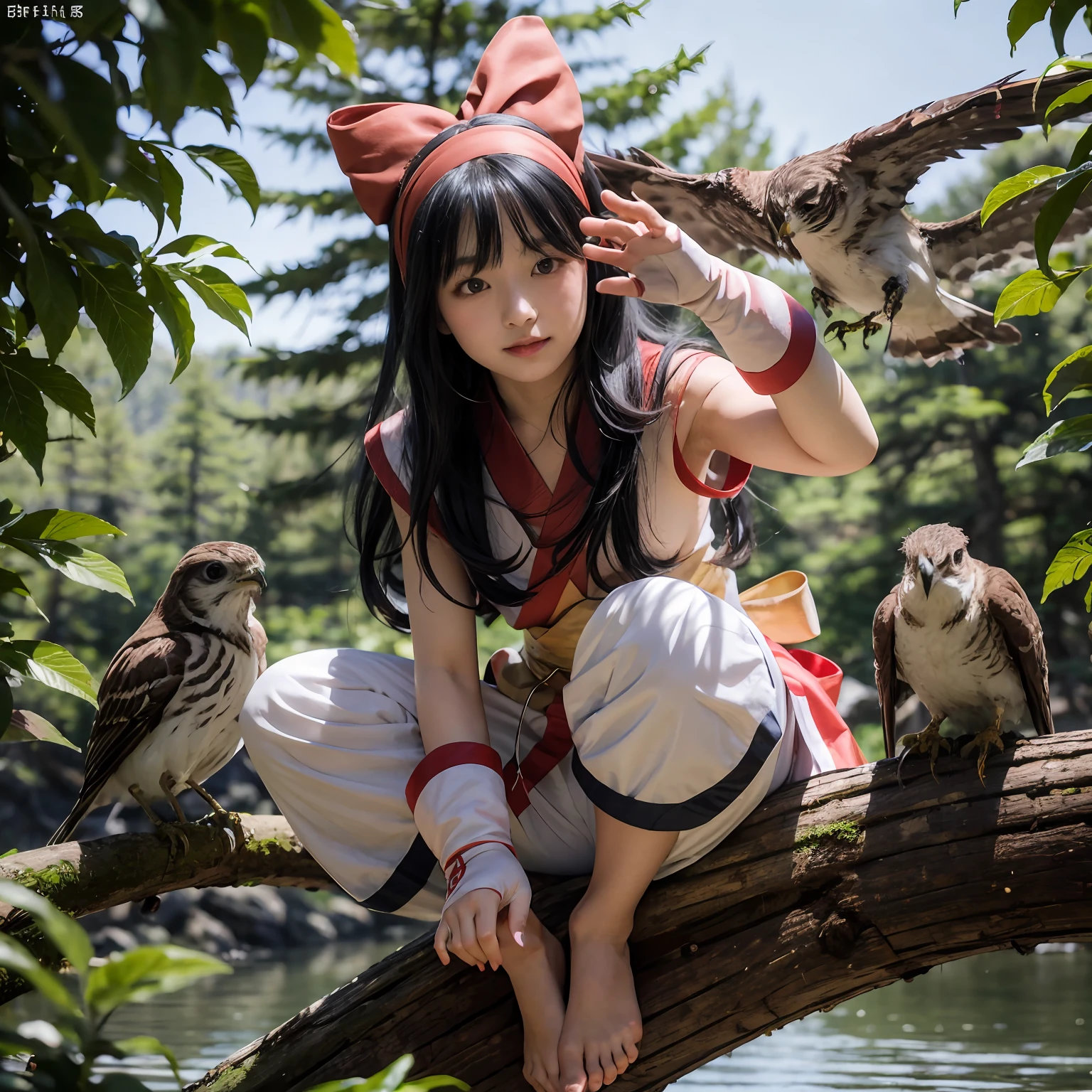 Masterpiece, best quality,1girl in, Sitting on a log、Lake under the log、Red bow, bow, length hair, Hair Bow, ainu clothes, solo, Hair Band, a bird, black har, Fingerless gloves, Half-sleeved, gloves, sash, Underpants, bangss, red hairband, missiles, , Brown-eyed, White pants, (Foot Focus、Naked foot、tiptoes、Sole of one's feet:1.2)、common, Nakoruru, lightl smile, Official art, from frontal、from from below、(dynamic angle)、nature backdrop, Serve、Onmyoji style、Hi-Def、Dramatic lighting and shadows、Solar flares、Blurred foreground