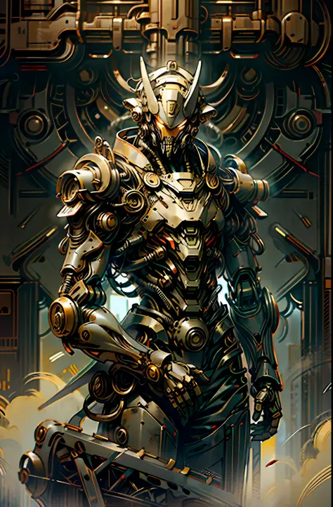 Dark_fantasy,Cyberpunk,(chainsaw,chainsawman,Red:1.1),1人,Mechanical marvel,Robotic presence,Cybernetic guardian,wearing a worn-o...