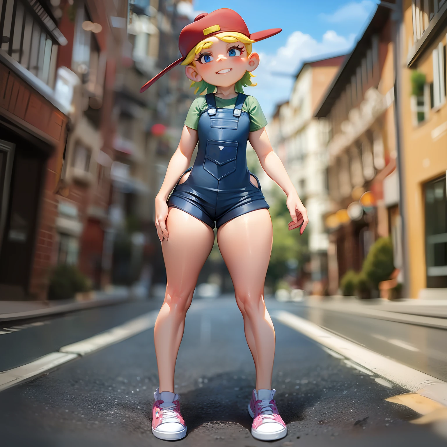 Lana Loud, overalls, red headwear, curvy arms, curvilinear legs, defined legs, sneakers, full body, vista de frente, two heads, 2head, two headed girl