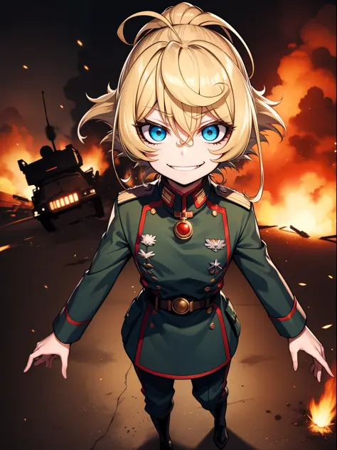 Tanya Degurechaff, Military Uniform, evil smile, short stature, Killer eyes, psycho eyes, battlefield, explosions