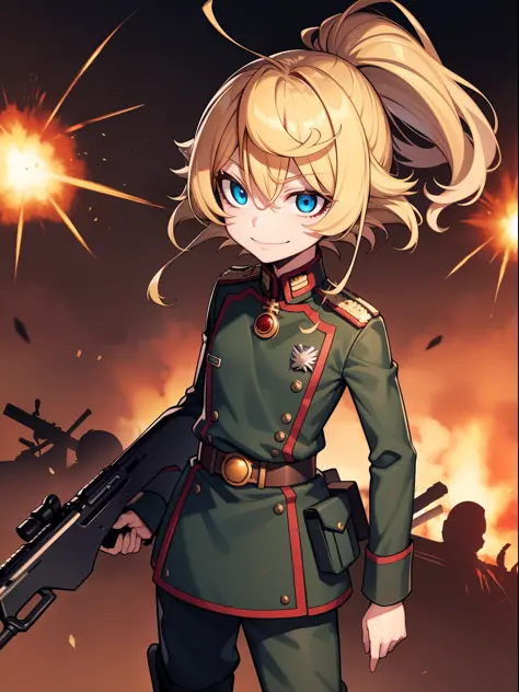 tanya degurechaff, military uniform, evil smile, short stature, killer eyes, psycho eyes, battlefield, explosions, holding a rif...