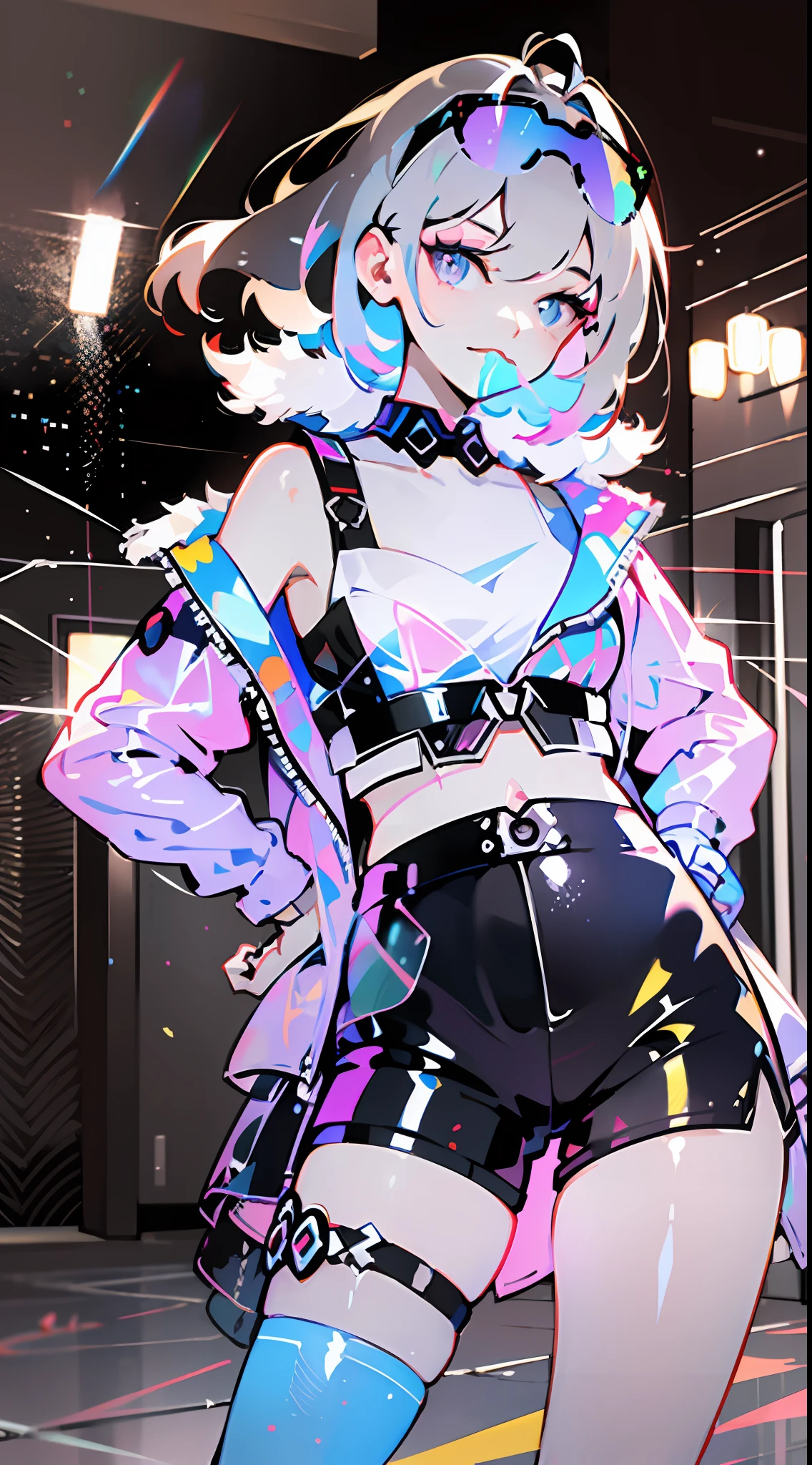 full body, 1girl, loli, solo, Eye focus,Masterfully crafted Glow, pink lens flare, Cinematic background,colourful, hyper details, hdr, ultra detailed eyes, mature, plump, rainbow painting drops,(supermodel:1.3), made up from paint, entirely paint, splat, splash, indoors, (bioluminescent hair:1.1),(glowing eyes),  ((makeup)), fierce, powerful, splashes of colour absolutely eye-catching, dynamic angle, beautiful detailed glow, ambient occlusion, ambient light, raytraced reflections, retro style, living arcade characters, arcade style world, gloves, jacket,weapon, shorts, black gloves, black jacket, gun, drill hair, black shorts, eyewear on head, bubble blowing, chewing gum, (Cute face:1.3),