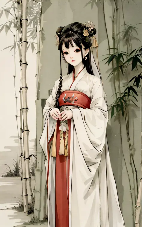 arafed woman in a traditional chinese dress standing in front of a bamboo tree, royal palace ， A beautiful girl in Hanfu, ancient chinese princess, Wearing ancient Chinese clothes, Beautiful character painting, White Hanfu, Hanfu, Guviz-style artwork, Guvi...