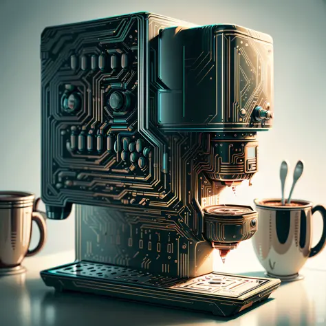 coffee machine circuitboardAI style in the old kitchen
