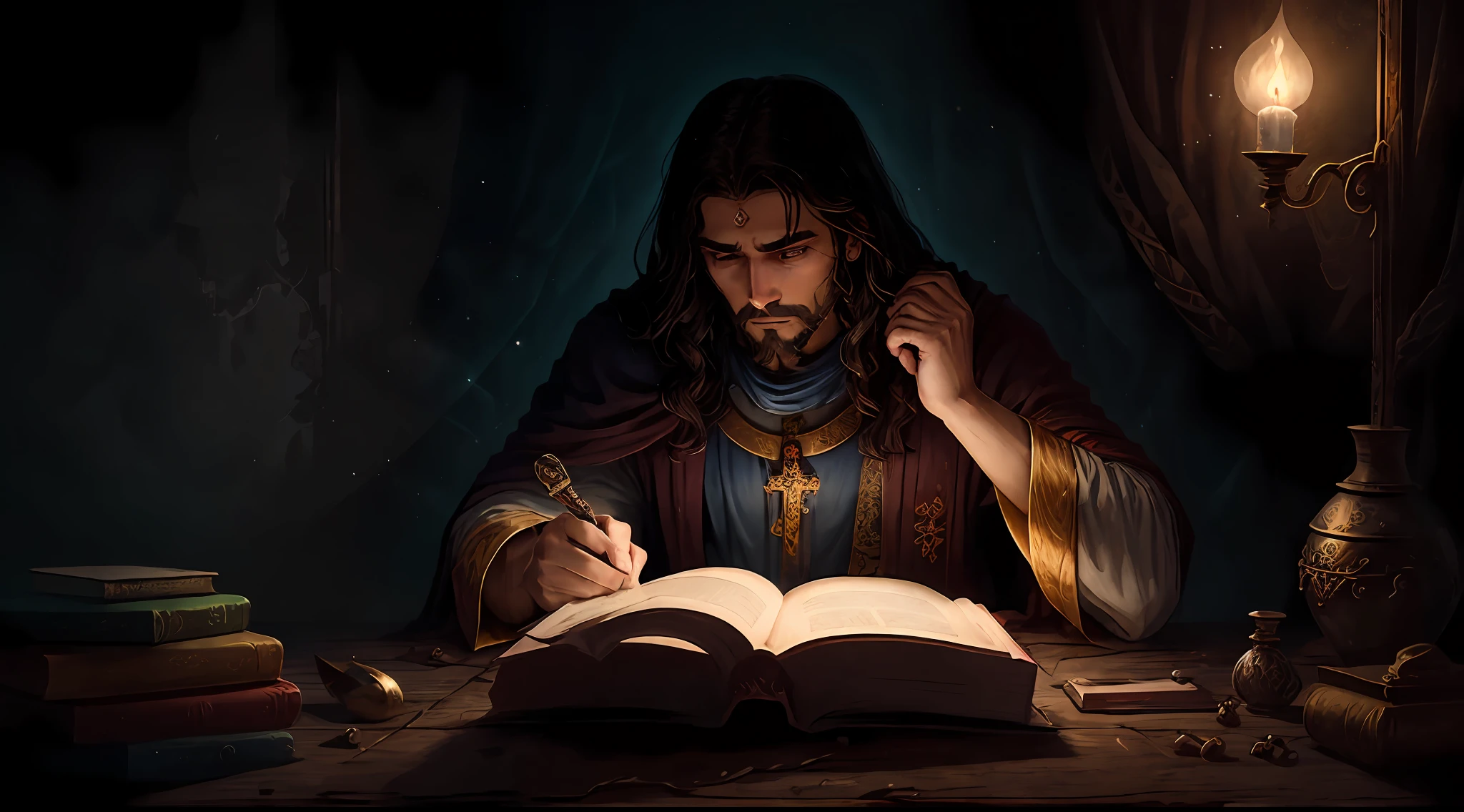 jesus reading a book with a cross in the background, king of kings, JesusChrist, the lord and savior, Young God Almighty, portrait of emperor of mankind, god emperor, holy sword in his hands, Retrato de JesusChrist, sat in his throne, bible illustration, the god emperor of mankind, avatar image, by Hristofor Žefarović -- auto