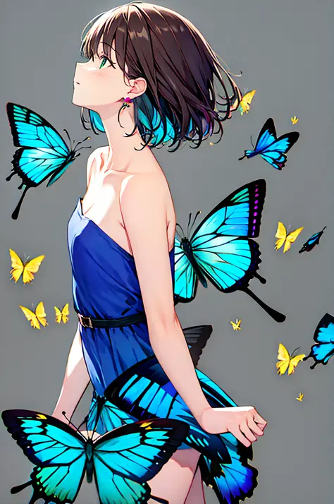 1girl, bangs, bare_arms, bare_shoulders, blue_butterfly, blue_dress, bug, butterfly, butterfly_on_hand, butterfly_wings, collarb...