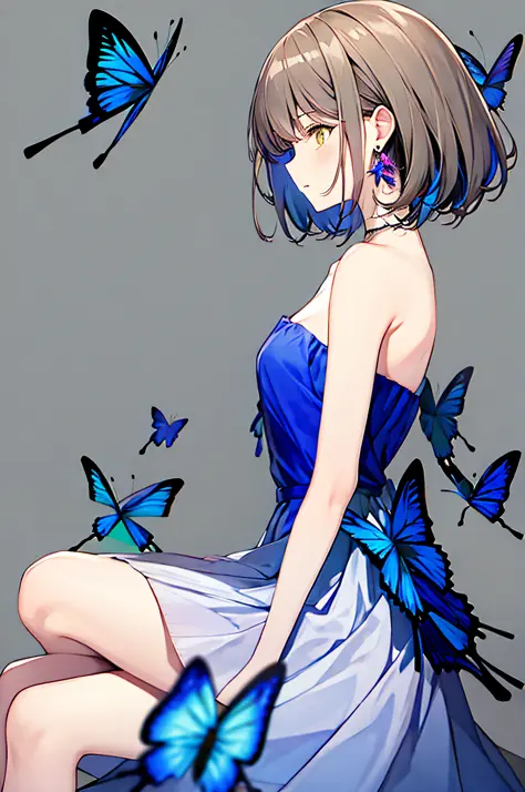 1girl, bangs, bare_arms, bare_shoulders, blue_butterfly, blue_dress, bug, butterfly, butterfly_on_hand, butterfly_wings, collarb...