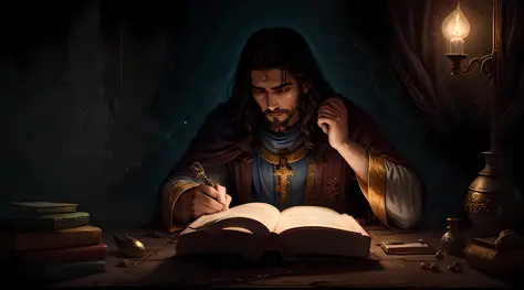 Jesus lendo um livro com uma cruz ao fundo, Rei dos Reis, Jesus Cristo, O Senhor e Salvador, Jovem Deus Todo-Poderoso, Retrato d...