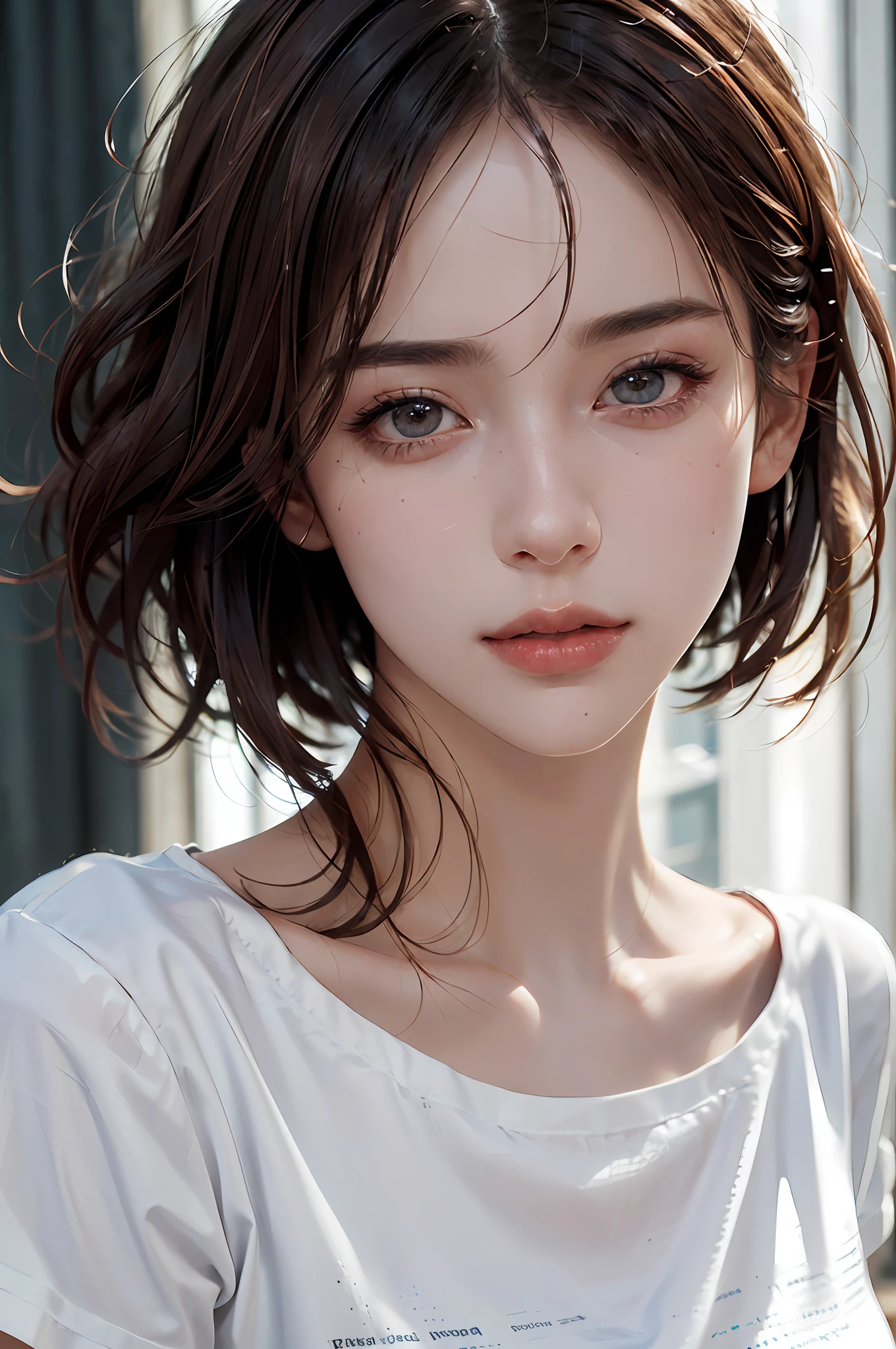 styled(Short Bob Cut Hair、Wavy)、(photoRealstic:1.4)、(hiper realistic:1.4)、(Realistic:1.3)、(Smooth lighting:1.05)、(Improved cinematic lighting quality:0.9)、32 k、1girl in、20 years girl、Realistic lighting、Back lighting、Facial Lights、Ray tracing、(brightened light:1.2)、(Quality improvement:1.4)、(Realistic textured skin of the highest quality:1.4)、fine detailed eyes、detailed faces、Fine quality eye、(Tired, sleepy and satisfied: 0.0)、Face Close-up、tshirts、(Enhances the atmosphere of the body line:1.1)、