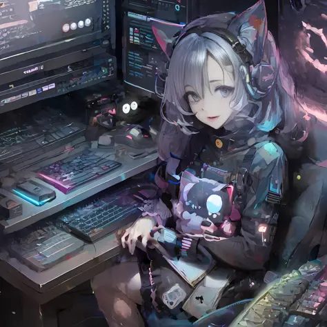 anime girl sitting in front of a computer with headphones on, style of anime4 K, digital cyberpunk anime art, digital anime illu...