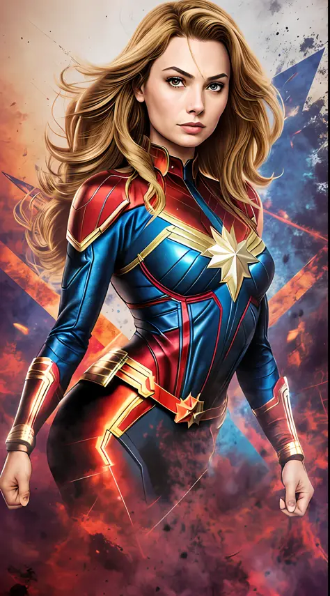 a woman in a red and blue costume is posing for a picture, Margot Robbie como Mulher-Maravilha, No estilo da Marvel e DC, no est...